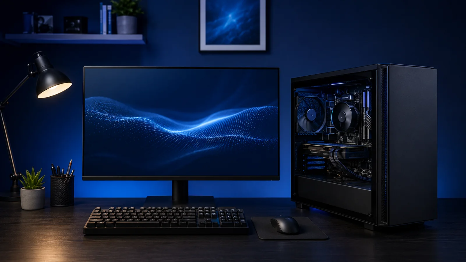 Computadora de escritorio con gabinete abierto, monitor, teclado y mouse